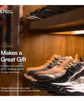 Stylish leather shoes displayed on a wooden shelf, featuring All Natural Shoe Cleaning Wipes For Leather And Suede Shoes And Boots.