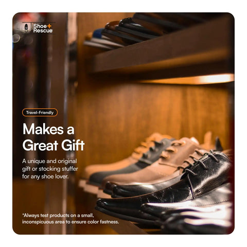 Stylish leather shoes displayed on a wooden shelf, featuring All Natural Shoe Cleaning Wipes For Leather And Suede Shoes And Boots.