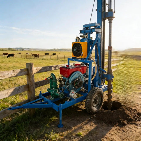 Portable Water Well Drilling Rig With Hydraulic Drive For Small Farms Residential Lots And Groundwater Projects Flexible Depths And Hole Diameters Easy Transport And Quick Setup on a farm.
