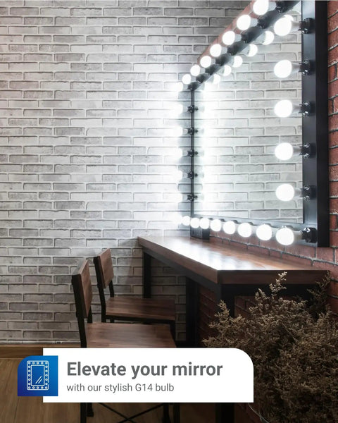 G14 globe bulbs illuminating vanity mirror with brick wall, featuring Six Pack E12 LED Bulbs For Candelabra Sockets, 3000K Warm White.