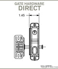 Heavy Duty Black Zinc Diecast Metal Gravity Latch With Key Lock And Keyed Alike Design, top view with dimensions, fits various gate types.