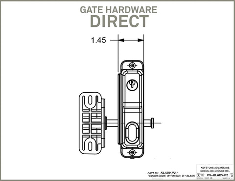 Heavy Duty Black Zinc Diecast Metal Gravity Latch With Key Lock And Keyed Alike Design, top view with dimensions, fits various gate types.