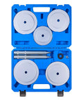 Heavy Duty Truck Hub Seal Installer Kit with Bearing Race and Seal Drivers for Class 7 and 8 Big Rigs in blue carrying case.