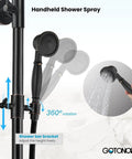 Oil Rubbed Bronze Shower Faucet Set With 8-Inch Rainfall Head, Handheld Sprayer, shower bar bracket, wall mount, sprayer in use