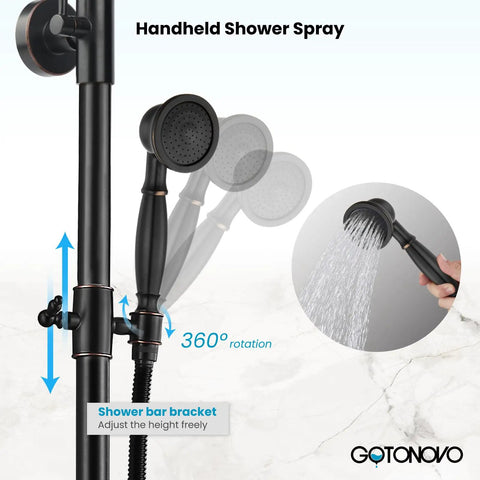 Oil Rubbed Bronze Shower Faucet Set With 8-Inch Rainfall Head, Handheld Sprayer, shower bar bracket, wall mount, sprayer in use