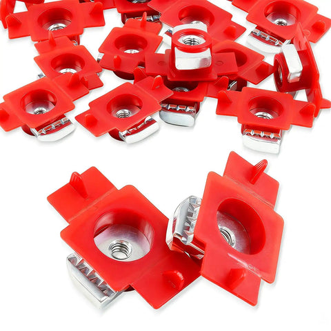 50 Piece Pack 1/4 20 Red Nylon Strut Channel Cone Nuts Twist Lock Hardware Fasteners for Metal Framing, close-up view.