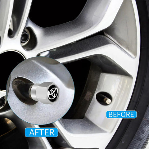 Toyota Tire Valve Stem Caps 4 Pack Aluminum Alloy Metal Covers With Belt O Ring Seal Black on car wheel before and after