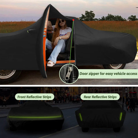 Six Layer 210T Waterproof Car Cover For 1968 1982 Corvette C3 with door zipper and reflective strips visible in use