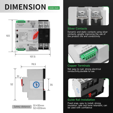 Diagram and features of 100 Amp Dual Power Transfer Switch 2 Pole Automatic Manual Changeover 110V 50 60 Hz Din Rail Mounted