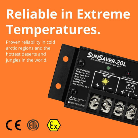 20A PWM Solar Charge Controller For 24V Systems, text emphasizing reliability in extreme temperatures