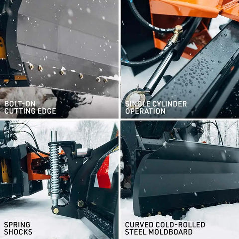 Beast 79 Inch Hydraulic Dozer Blade For Skid Steer With SSQA Quick Attach showing cutting edge, cylinder, shocks, steel moldboard.