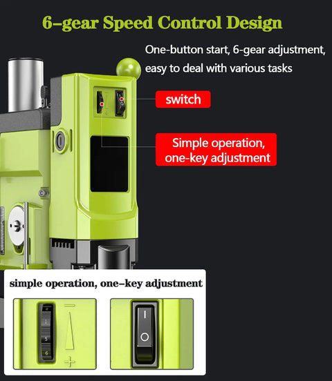 Powerful 880W Bench Drill Press With Adjustable Speed And Integrated Vise control panel showing 6-gear speed adjustment and switch.