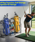 Golf Bag Storage Organizer For Home And Garage That Keeps Your Gear Snug In One Spot, Holds 2 Standard Golf Bags, Side Club Rack
