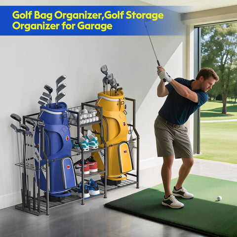 Golf Bag Storage Organizer For Home And Garage That Keeps Your Gear Snug In One Spot, Holds 2 Standard Golf Bags, Side Club Rack