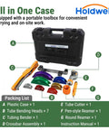 Holdwell 90 Degree Ratcheting Pipe Bender Kit With Seven Color Coded Aluminum Heads in portable toolbox for HVAC and plumbing.
