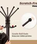 Close-up of Three Tier Freestanding Coat Rack with Fifteen Hooks showing scratch-free ball ends, brown finish.