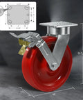 8 By 2 Inch Ultra Heavy Duty Swivel Casters Featuring Kingpinless Solid Red Polyurethane Wheels Holding Twelve Thousand Pounds For Clean Rooms Commercial Kitchens Rolling Smooth And Built Tough For The Daily Grind With Four Secure Locking Brakes, shown with dimensions and gold locking brake.