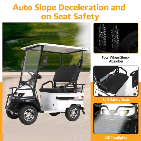 Kick Around With This Hella Smooth Electric Golf Cart Featuring Roomy Storage Box And 800W Motor Power showing seats and safety features.