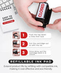 Self Inking Closed Rubber Stamp With Built In Ink Pad For Office Invoices And Paperwork Featuring No Sweat Quick Press Action and instructions on refilling ink cartridge.