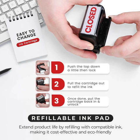 Self Inking Closed Rubber Stamp With Built In Ink Pad For Office Invoices And Paperwork Featuring No Sweat Quick Press Action and instructions on refilling ink cartridge.