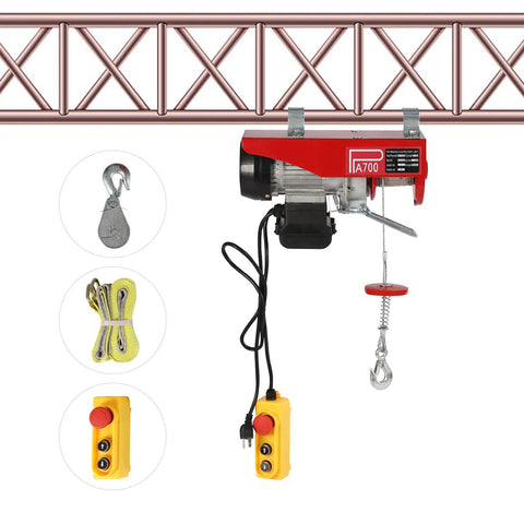 Heavy Duty 1200W Electric Hoist Winch 110V Pure Copper Motor with dual mode control, remote and lifting hooks for garage use.