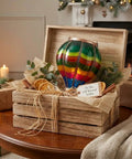 Valentines Day Outdoor Lantern Solar Powered Hot Air Balloon Lights in gift box on wooden table