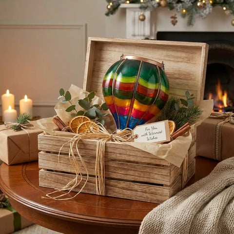 Valentines Day Outdoor Lantern Solar Powered Hot Air Balloon Lights in gift box on wooden table