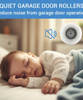 Sleeping baby illustrating quiet operation of Garage Door Hinge And Roller Tune Up Kit DIY Friendly No Fuss for 16x7 or 18x7 doors.