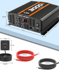 Badass 3000 Watt Power Inverter DC 12V to 110V AC for RVs, Semis, and Trucks with dual USB ports and outlets in view.