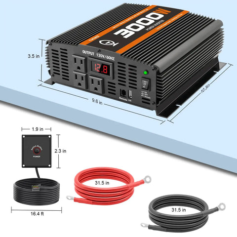 Badass 3000 Watt Power Inverter DC 12V to 110V AC for RVs, Semis, and Trucks with dual USB ports and outlets in view.