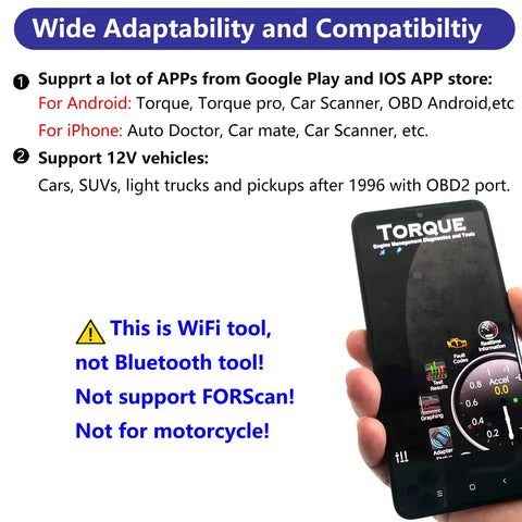 Image of a hand holding a smartphone displaying the Torque app, compatible with OBD2 Wireless Adapter And Scanner For Android And iPhone, Torque Supported Code Reader Dongle, ELM327 Compatible, DIY Car Diagnostics Tool For Auto Repairs, Easy Plug And Play OBDII Interface, Note Not Bluetooth Not For Scan Not For Motorcycles.