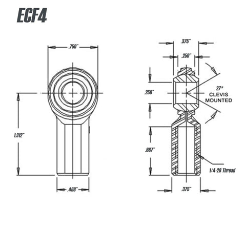 1/4 Inch Bore 1/4-28 Rh Female Rod End Bearing With Jam Nut Ecf4 C1045 Steel Body technical drawing dimensions