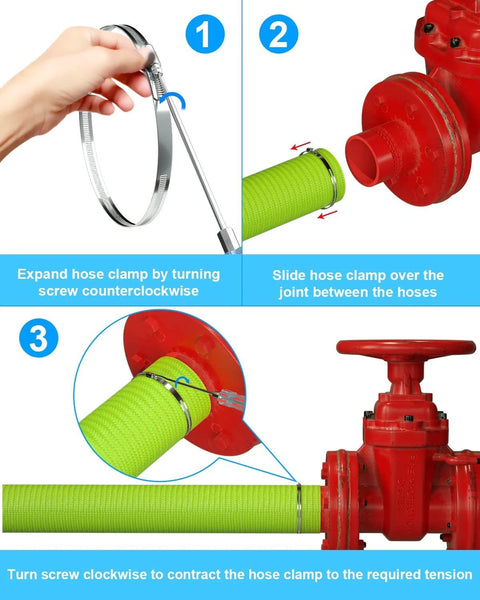 Installation steps for 4 inch stainless steel hose clamps in automotive plumbing.