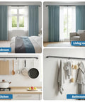 Four scenes show the Black Double Curtain Rod With Wraparound Design Extends From 38 To 62 Inches Blackout Window Rod in use.