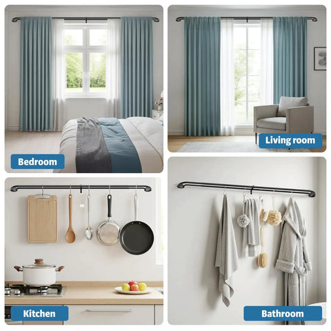 Four scenes show the Black Double Curtain Rod With Wraparound Design Extends From 38 To 62 Inches Blackout Window Rod in use.