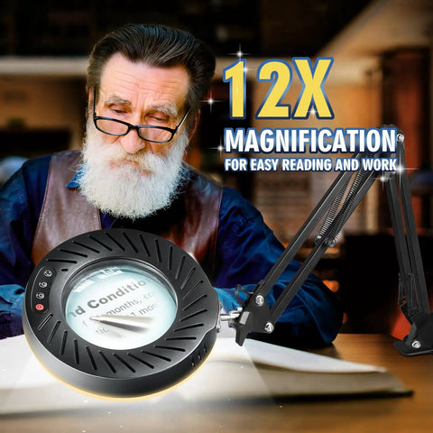 12X Magnifying Glass With Light And Stand For Crafts And Reading, 4.3 Inch HD Lens in use by a man reading a book, desktop setup