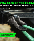 Trail Ready Heavy Duty Shackle Hitch Receiver for Two Inch Hitches attached to vehicle, towing rope visible