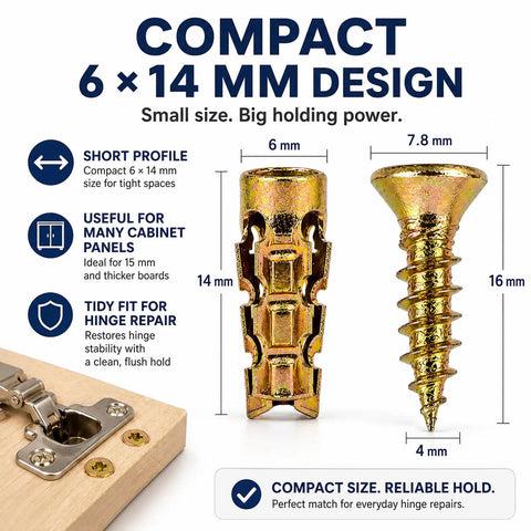 6 By 14 Mm Short Expansion Screw Set For Cabinet Hinges Repair Kit with measurements and detailed view of components