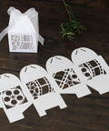 50 Pieces Hollow Out Film Wedding Favor Boxes With Ribbon For Candy And Chocolate Treats Storage Box Dope Gift Favors For Weddings Christenings And Special Occasions, showing a white box with ribbon and flat cardstock layout.
