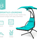 Outdoor Hanging Curved Steel Chaise Lounge Chair Swing With Built In Pillow And Removable UV Resistant Canopy Teal