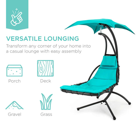 Outdoor Hanging Curved Steel Chaise Lounge Chair Swing With Built In Pillow And Removable UV Resistant Canopy Teal
