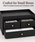 Easy Install Real Deal Solid Brass Mini Knobs 5 Pack Measure a True 1/2 Inch for Crafting DIY Hobbies Jewelry Boxes and Tiny Furniture With Top Shelf Grip and Warm Touch on black storage box drawers.