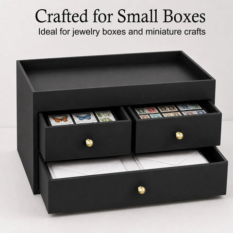 Easy Install Real Deal Solid Brass Mini Knobs 5 Pack Measure a True 1/2 Inch for Crafting DIY Hobbies Jewelry Boxes and Tiny Furniture With Top Shelf Grip and Warm Touch on black storage box drawers.