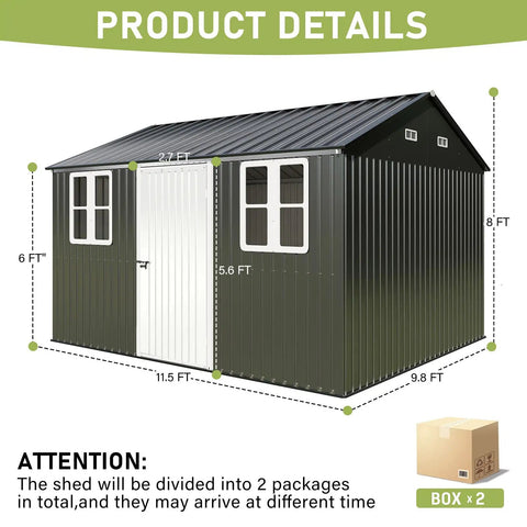 10x12 Ft Outdoor Storage Shed With Lockable Hinged Door And Two Windows Nordic Cottage Metal Shed For Backyard in Dark Grey and White