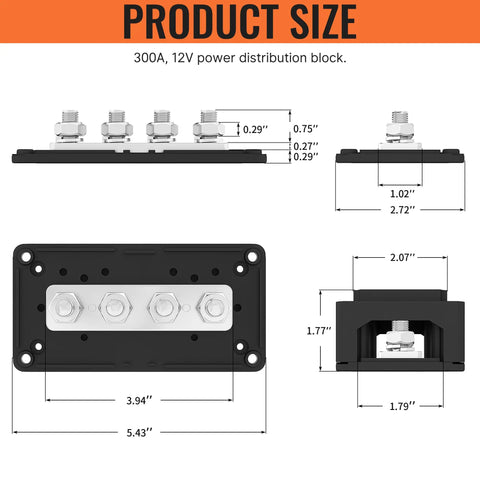 Heavy Duty 300 Amp 12V DC Waterproof Bus Bar Power Distribution Block With Four Three Eighths Inch Studs For Automotive Marine Solar Wiring Positive And Negative Terminal size diagram