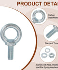 Five Pack M12 Galvanized Carbon Steel Eye Bolts Kit With Nuts And Washers, Built Tough Heavy Duty Screw Eye Bolts For Tie Down Straps, 0.5 By 1.18 Inch Lifting Rings, Indoor Outdoor Use, Silver close-up with nuts and washers
