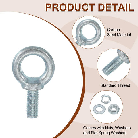 Five Pack M12 Galvanized Carbon Steel Eye Bolts Kit With Nuts And Washers, Built Tough Heavy Duty Screw Eye Bolts For Tie Down Straps, 0.5 By 1.18 Inch Lifting Rings, Indoor Outdoor Use, Silver close-up with nuts and washers