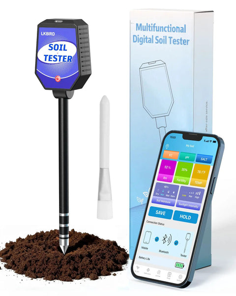 8-In-1 Smart Soil Tester With App Monitoring showing real-time readings for garden, lawns, farms, and indoor outdoor plant care.