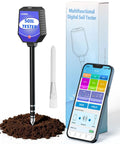 8 In 1 Soil Tester With App Monitoring For Garden Lawn Farm And Indoor Outdoor Plants That Tracks pH Moisture Temperature Light Salinity Fertility EC And Humidity For Next Level Plant Care. Digital soil tester with probe and app screen