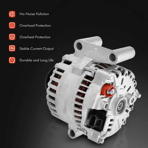 Beefy 110 Amp 12 Volt Alternator For Ford Escape And Mazda Tribute 2001 2002 2003 2004 V6 3.0L With 6 Groove Pulley Drop In Replacement Part 1L8U10300CD 1L8U10300CE 1L8U10300DD, showing front view with features highlighted.